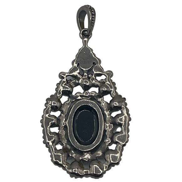 Vintage Black Rhinestone Pendant Teardrop Open Metal Work Cabochon Elegant - Picture 2 of 4